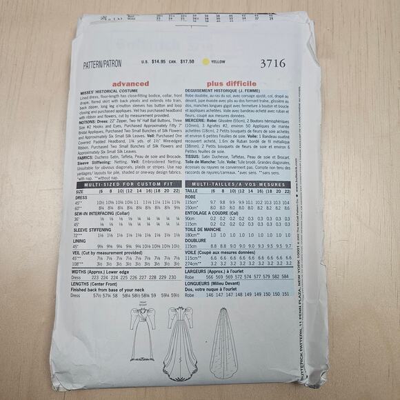 Butterick Making History Wedding Dress Pattern 3716 Sizes 12,14,16 Veil, Train - Picture 3 of 3